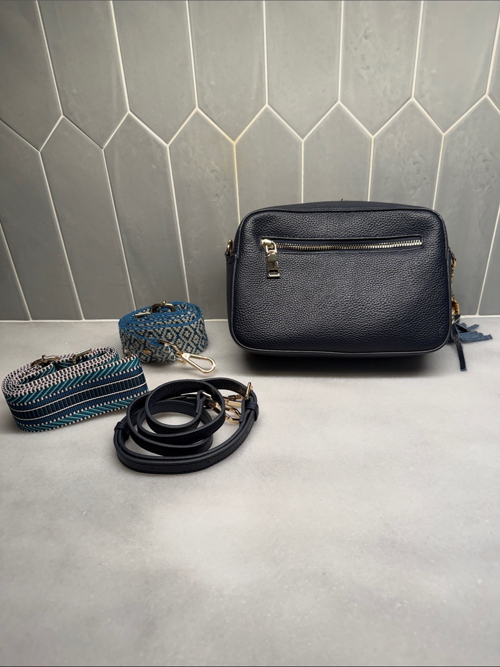 Pom Pom London Navy Pebbled Leather Crossbody Bag 3 Straps Included